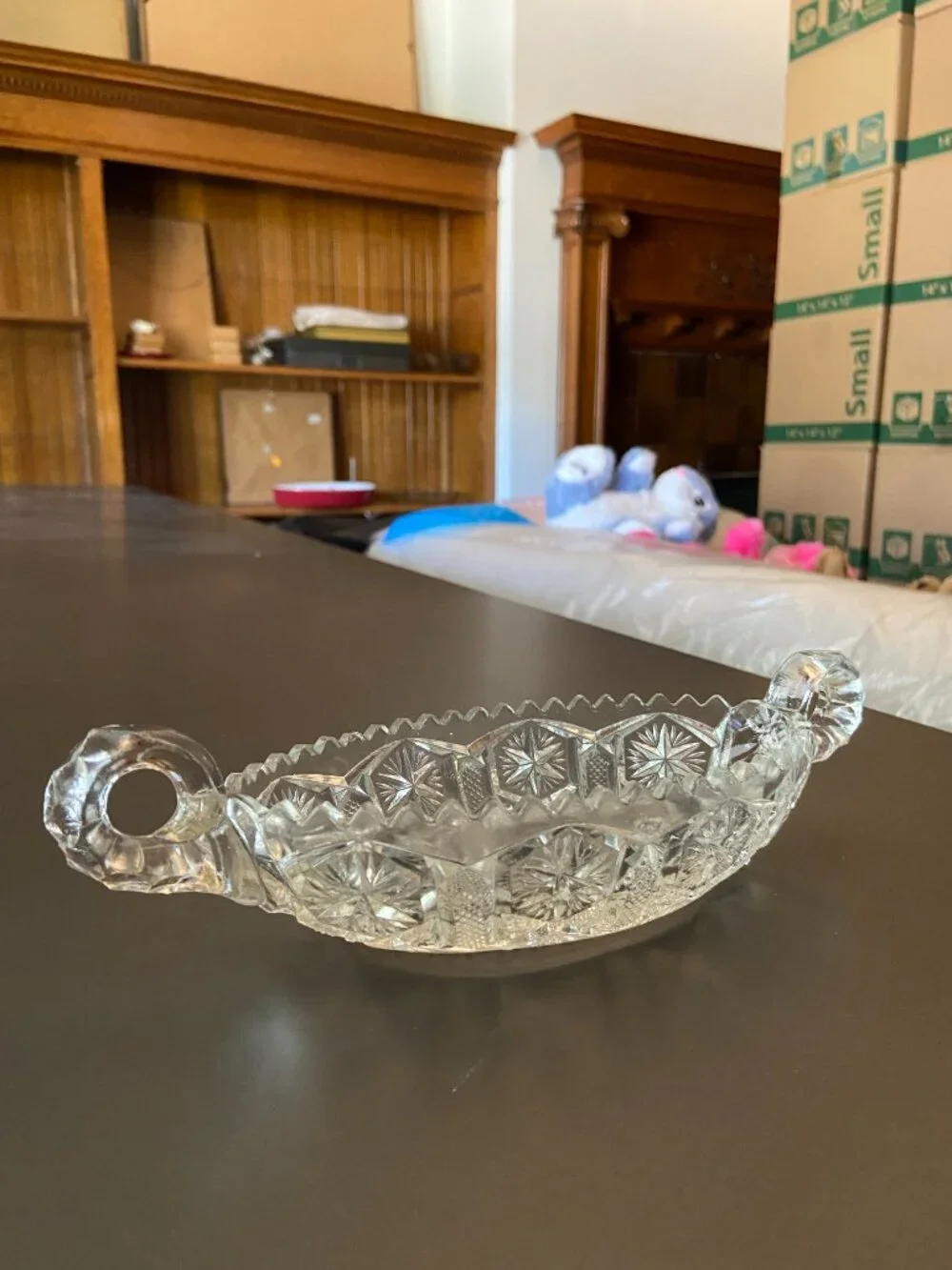 Vintage Cut Glass Canoe Boat Dish Starburst Pattern 6